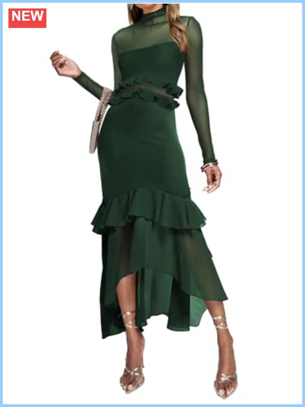 Long Sleeve Ruched Bodycon Maxi Dress High Neck Ruffle Collar Evening Cocktail